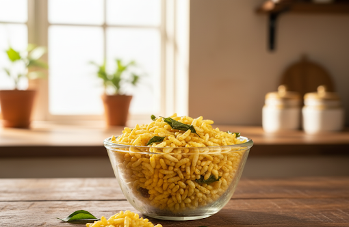 Bowl of masala-seasoned puffed rice