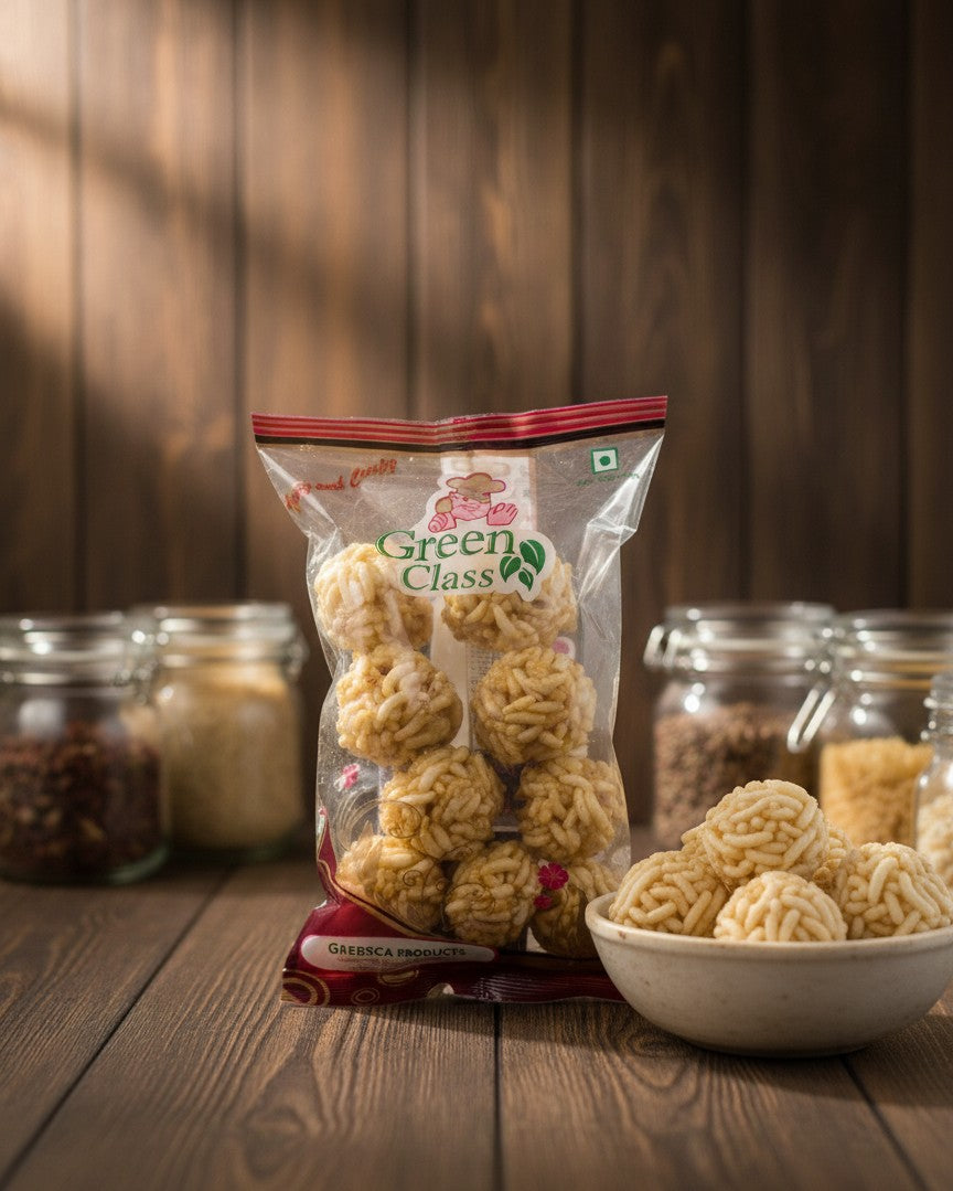 Sweet puffed rice balls made with jaggery
